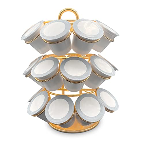 Gold Design Vertical Coffee Pod Holder | 27 Display K Cup Holder Coffee Pod Organizer | 3 Tier 360-Degrees Revolving Coffee Stand| Coffee Rack Carousel Holder | Coffee Pod Storage