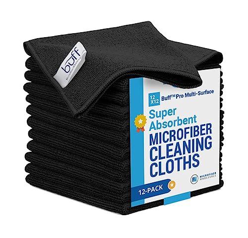 12″ x 12″ Buff Pro Multi-Surface Microfiber Cleaning Cloths | Black – 12 Pack | Premium Microfiber Towels for Cleaning Glass, Kitchens, Bathrooms, Automotive, Supplies & Products
