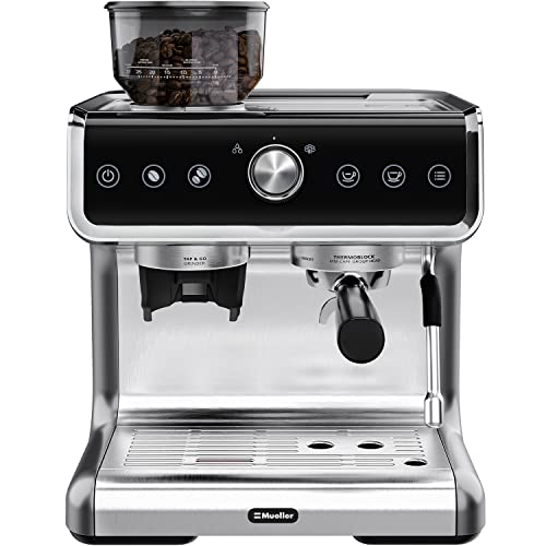 Mueller Premium Espresso Machine Coffee Maker with Milk Frother, Coffee Grinder, 15 Bar, Stainless Steel, Standard and Bottomless Portafilter, Multiple Filters, Temp Control, Complete Barista Kit