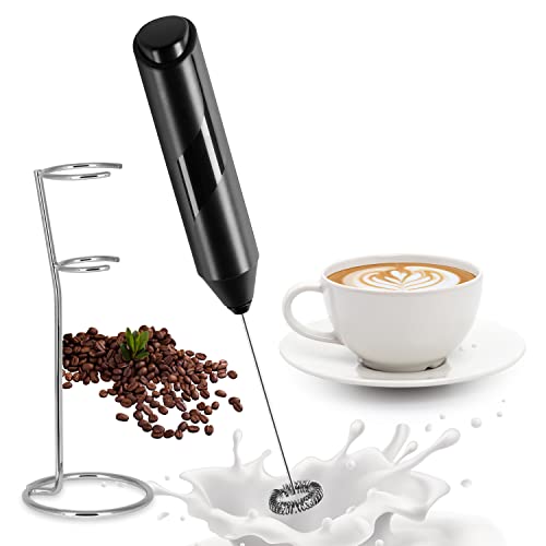 YSSOA Electric Milk Frother Handheld with Stainless Steel Stand Battery Operated Whisk Drink Mixer for Coffee, Frappe, Latte, Matcha, Hot Chocolate, Black (1 Pack, Black2)