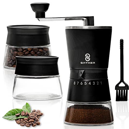 GATHER Manual Coffee Grinder with 8 Adjustable Coarseness Settings, Hand Crank Coffee Mill with Stainless Steel Burr, French Press, Pour Over, Drip Coffee