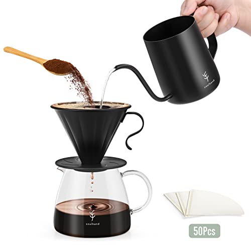 Soulhand Pour Over Coffee Maker Set | 1~4 Cups Coffee Pour Over Set | Includes Stainless Steel Coffee Dripper, 17oz/500ml Gooseneck Kettle, Heat-resistant Carafe & 50pcs Filter Paper
