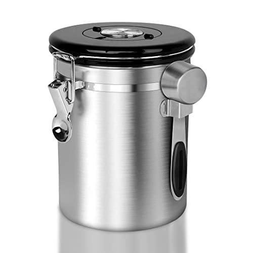 Chef’s Star Coffee Canister, Airtight Coffee Container For Ground Coffee with Scoop – Stainless Steel, Built In Valve, Date Tracker – For Tea, Flour, Cereal, Sugar, Rice, Coffee Bean Storage,21 Oz, Silver