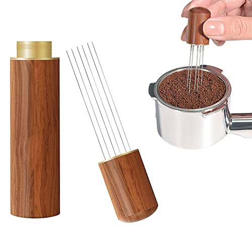 WDT Tool Espresso Accessories， Espresso Distribution Tool 0.4mm 6 Needles Espresso Stirrer for Solve Coffee Clumping with Natural Wood Handles and Stand