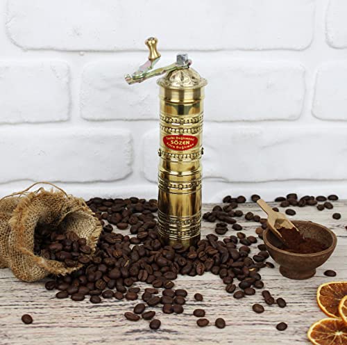 7″ Handmade Hand Crafted Hammered Manual Brass Coffee Mill Grinder Sozen, Adjustable Portable Conical Burr Coffee Mill, Portable Hand Crank Coffee Grinder, Turkish Coffee Grinder