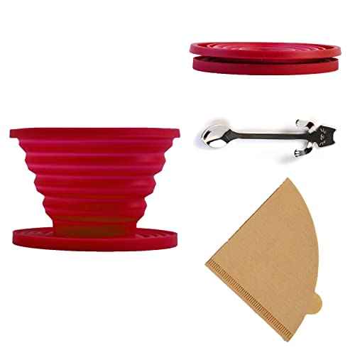 Collapsible Pour Over Coffee Dripper – Reusable Silicone Coffee Filter Cone, Travel Pour Over Coffee Maker with 40 Pcs Unbleached V60 Paper Filter 02 for Camping, Hiking, Backpacking (Red)