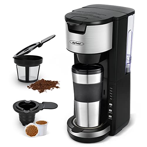 Sunvivi Single Serve Coffee Maker For Single Cup Pods & Ground Coffee, One Cup Coffee Maker with 30 Oz Detachable Reservoir, 3 levels Adjustable Drip Tray Suitable for 7″ Travel Tumbler