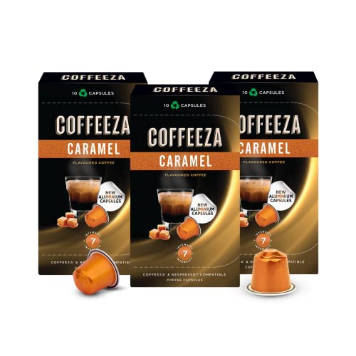 Coffeeza Caramel Flavoured Aluminium Coffee Capsules, Intensity -7, Nespresso Compatible Coffee Pods | Box of 3 (30 Capsules)