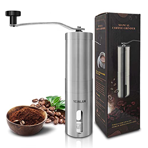 YEINLAN Manual Coffee Grinder, Ceramic Coffee Bean Grinder with Stainless Steel Shell, Portable Burr Coffee Grinder with Removable Handle for Kitchen,Camping,Gift