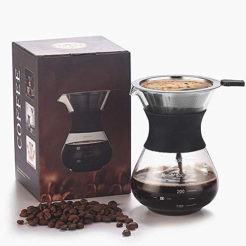 XIYUAN Pour Over Coffee Maker, Permanently Use The Pour Over Coffee Dripper [Newest] Borosilicate Glass Water Bottle Coffee Pot, With Stainless Steel Filter Hand Punch Coffee Pot Set 14oz / 400Ml