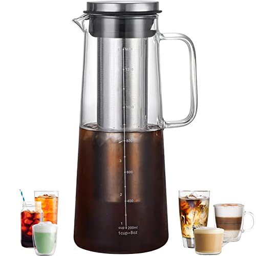 Cold Brew Coffee Maker with Lid and Handle 47oz / 1.4 Liter, Durable Glass Pitcher Carafe, Stainless Steel Mesh Filter Infuser, Dishwasher Safe, for Iced Coffee, Cold Brew, Juice, Tea & More
