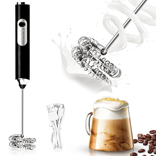 Electric Milk Frother Handheld Black USB Rechargeable Drink Mixer, Detachable Milk Frother 3 Speeds Adjustable Foam Maker for Coffee, Lattes, Matcha, Hot Chocolate
