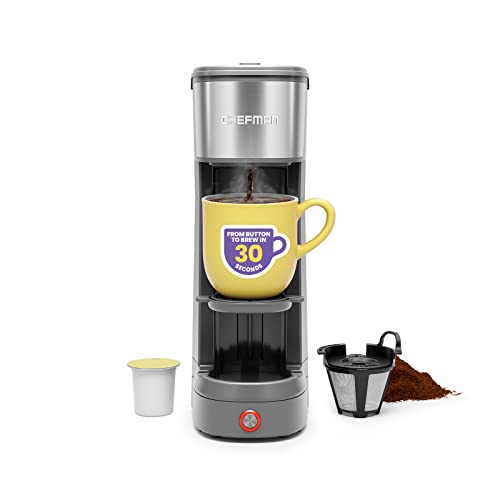 Chefman InstaCoffee Max, The Easiest Way to Brew the Boldest Single-Serve Coffee, Use Fresh And Flavorful Grounds or K-Cups With A Convenient Built-In Lift, Grey