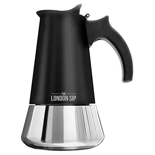 London Sip Stainless Steel Stovetop Espresso Maker Moka Pot Italian Coffee Percolator, Matte Black, 10 Cup