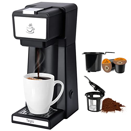 Teglu Upgraded Single Serve Coffee Maker 2 in 1 for K Cup Pods & Ground Coffee, Mini K Cup Coffee Machine 6-14 oz, Mini One Cup Coffee Brewer with One-Bouton Fast Brewing, Reusable Filter, CM-206SB