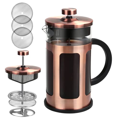 FAVIA French Press Coffee Maker 12 Ounce Stainless Steel with Borosilicate Glass Heat Resistant 4 Level Filtration System for Brew Coffee & Tea Dishwasher Safe 350ml (12oz, Stainless Copper)