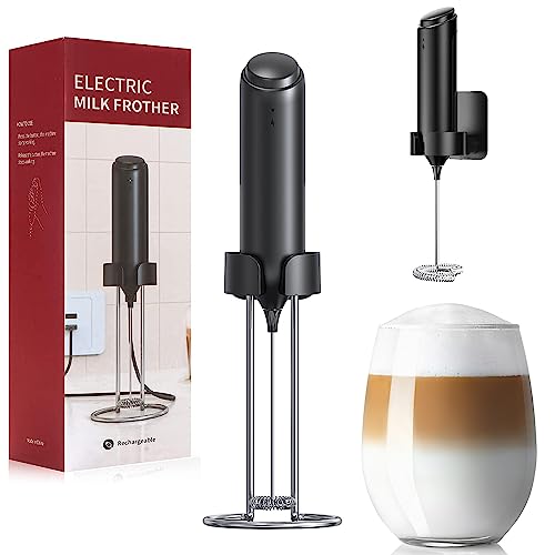 Rechargeable Milk Frother Handheld for Coffee, Electric Stirrer with Wall Mounted Stand, Whisk Drink Mixer Wand, Milk Foamer for Matcha Latte
