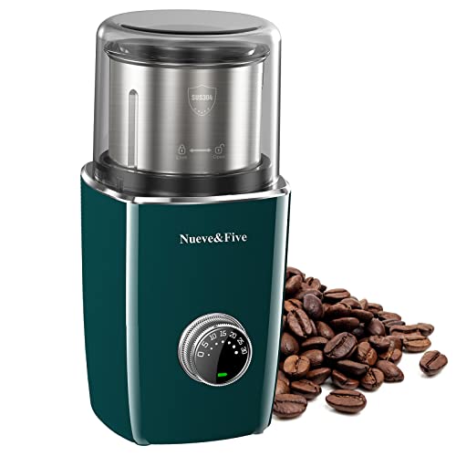Nueve&Five Adjustable Coffee Grinder Electric, Cordless Coffee Grinder Espresso, Electric Coffee Grinder With Timing Setting, Coffee Bean Grinder Electric With Removable Stainless Steel Bowl (GREEN)