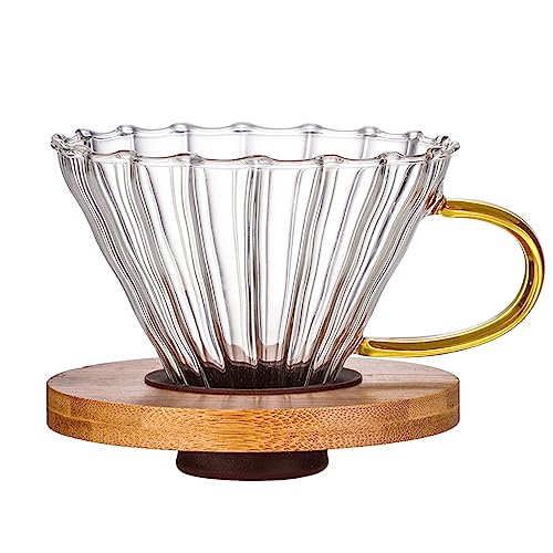 Gute Glass Coffee Dripper/Filter – Cone Glass Pour Over Coffee Dripper with Bamboo Stand & Handle, 1-4 Cups Drip Coffee Maker Funnel Accessories for Home, Office