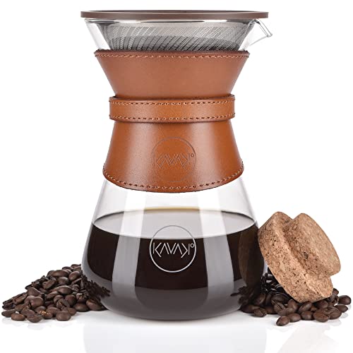 Kavako Glass Pour Over Coffee Maker with Double-layer Stainless Steel Filter, Coffee Dripper, with Cork Lid, Leather Collar Holder, 37 oz (7-Cup) (Pour Over Coffee Maker)