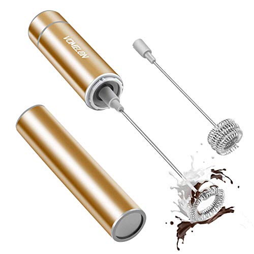 Milk Frother Handheld, Battery Operated Coffee Foamer Drink Mixer with 2 Stainless Steel Electric Whisks for Coffee, Latte, Cappuccino, Hot Chocolate, Protein， Batteries Included, Golden