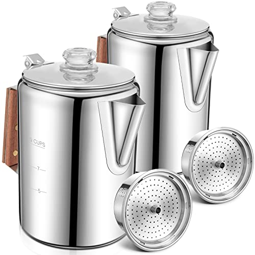 LOYIM 2 Pcs Camping Coffee Pot Stainless Steel Coffee Maker Classic Stovetop Coffee Percolator Durable Coffee Maker Pot for Camping Backpacking Travel Rv Hunting Quick Brew Stove Safe (9 Cups)