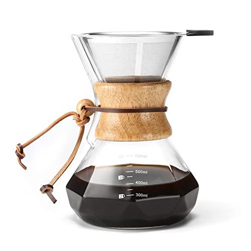 Lalord Pour Over Coffee Maker with Reusable Stainless Steel Filter, 20 oz Borosilicate Glass Coffee Carafe, Wooden Collar, Coffee Dripper Brewer, Hold 3 Cups, 600ml