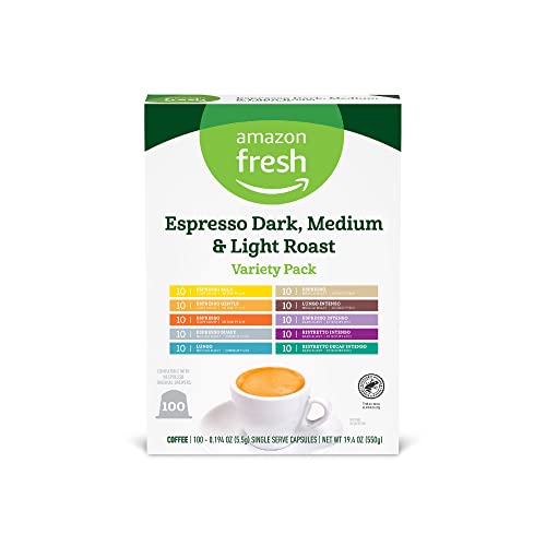 Amazon Fresh Espresso Dark, Medium & Light Roast Aluminum Capsules, Variety Pack, Compatible with Nespresso Original Brewers, 100 Count (10 Packs of 10)