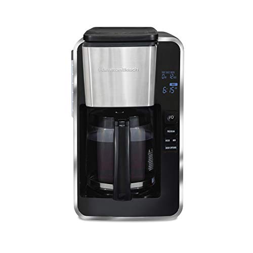Hamilton Beach 12 Cup Programmable Front-Fill Drip Coffee Maker with Glass Carafe, Auto Shutoff, 3 Brew Options, Black with Stainless & Chrome Accents (46321)