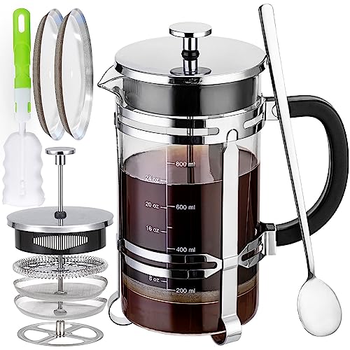 French Press Coffee and Tea Maker（34oz）,304 Stainless Steel Coffee Press with 4 Filters Screen-100% No Residue -German Heat-Resistant Borosilicate Glass- BPA FREE -Dishwasherable，Copper