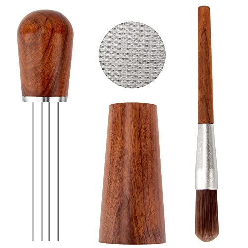 Espresso Coffee Stirrer, CODOGOY Professional Coffee WDT Tool for Espresso Distribution with 49 mm Puck Screen, Natural Wood Handle Needle Type Distributor with Wood Stand, Walnut