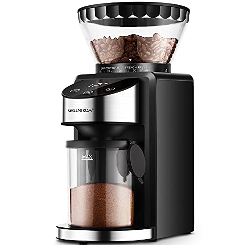 GREENFROM Burr Coffee Grinder, Adjustable Electric Coffee Grinder with 35 Precise Grind Setting, Coffee Bean Grinder with 8.46oz Capacity for Aeropress, Drip Coffee, Espresso, French Press, Moka Pot