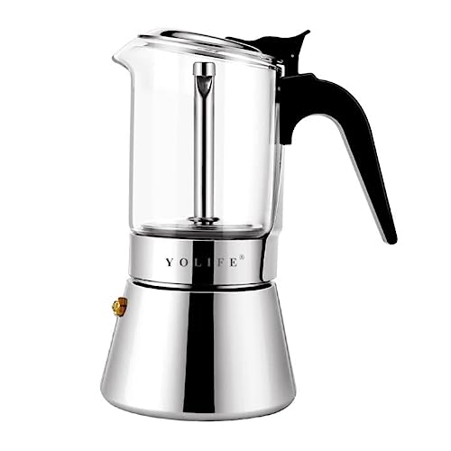 YOLIFE Premium Crystal Glass Top Stovetop Espresso Moka Pot – 6 Cups Stainless Steel Coffee Maker 240 ML/8.1 OZ(Espresso Cup=40 ML)