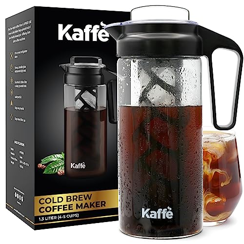 Kaffe Cold Brew Coffee Maker, 1.3L Iced Coffee Pitcher, Cold Brew Coffee and Tea Brewer, Easy to Clean Mesh filter, Double Wall Tritan Glass (1.3L)