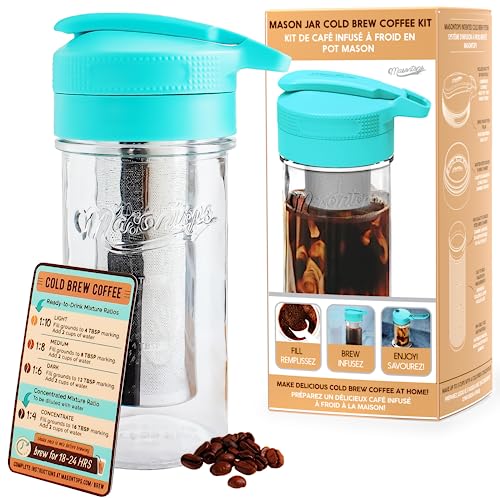 Masontops Cold Brew Makers Kit – Iced Coffee Cold Brew Coffee Maker Tea Maker – Easy Mason Jar Pour Spout & Sip Cap Coffee Accessories Coffee Cold Brew Maker 24 oz Iced Coffee Maker Cold Brew Machine