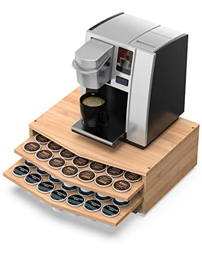 WELL WENG Bamboo Coffee Pod Holder Compatible with 70 K-Cup Pods,2-Tier Pod Drawers (Natural)