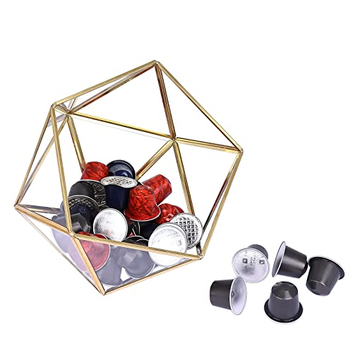 HighFree Glass Coffee Pods Holder Gold, Geometric Coffee Pod Box 15 Sided Large Capacity Multi-funcation for Keurig Pods, Tea Bags Sugar Packets Coffee Pod Storage Holder for Kitchen Coffee Bar Office