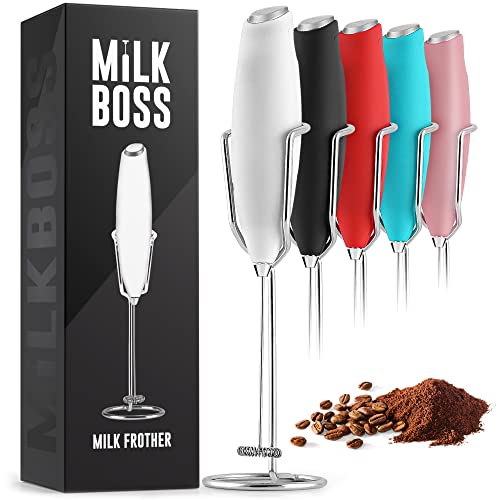 Milk Boss Powerful Milk Frother Handheld With Upgraded Holster Stand – Coffee Frother Electric Handheld Foam Maker – Milk Frother For Coffee, Lattes, Matcha & More – Electric Whisk Frother (White)