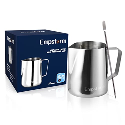 Empstorm Milk Frothing Pitcher 12oz Milk Frother Steaming Pitcher Stainless Steel Espresso Machine Accessories,Cappuccino Coffee Milk Jug Cup with Decorating Pen Latte Art