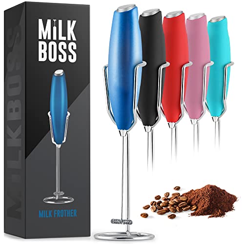Milk Boss Powerful Milk Frother Handheld With Upgraded Holster Stand – Coffee Frother Electric Handheld Foam Maker – Milk Frother For Coffee, Lattes, Matcha – Electric Whisk Frother (Metallic Blue)