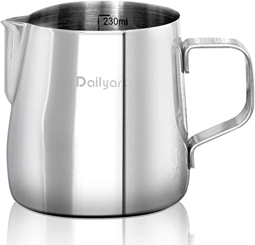 Dailyart Milk Frothing Pitcher 8 Oz/250ml – 304 Stainless Steel Milk Frother Cup with Special Dripless Spout and Scale, Espresso Machine Accessories, Milk Steaming Pitcher for Cappuccino, Latte Art