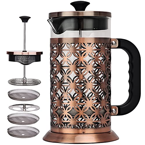 CKductpro French Press Coffee Maker, Coffee Presses 2 In 1 Travel Coffee & Tea Pot 1000ML,3 layers of filter element + 2 layers of spare filter element,with cleaning brush,Two-way water outlet,gold