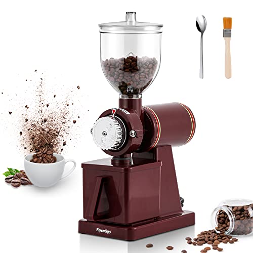 Flyseago Electric Coffee Grinder Flat Burr Espresso Grinder Commercial & Homeuse Stainless Steel Silent Grinder Small Automatic Adjustable Grind, With Brush, Spoon, Red