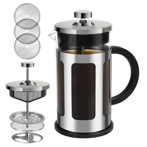 FAVIA French Press Coffee Maker 12 Ounce Stainless Steel with Borosilicate Glass Heat Resistant 4 Level Filtration System for Brew Coffee & Tea Dishwasher Safe 350ml (12oz, Stainless Silver)