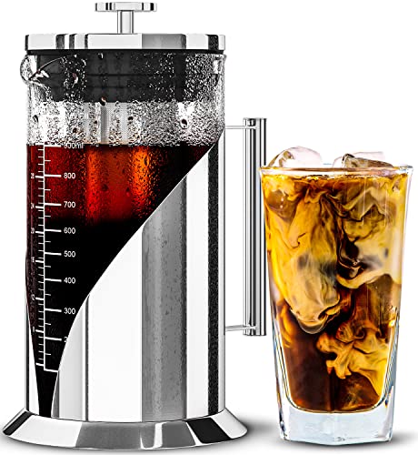 Start Brewing Perfect Iced Coffee & Tea w/Our Cold Brew Coffee Maker, Pitcher for Fridge (34oz) – Air Tight Seal, Measuring Label – Stainless Steel Iced Coffee Maker Machine, Brewer – Cafe Du Chateau
