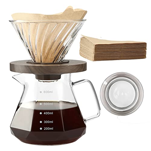 Lalord Pour Over Coffee Maker, 20oz Borosilicate Glass Carafe with V60 Paper Filter 80 Sheets, Walnut Handle & Coffee Pot Lid, Drip Coffee Maker for Home Café Restaurant Camping, 600 ml