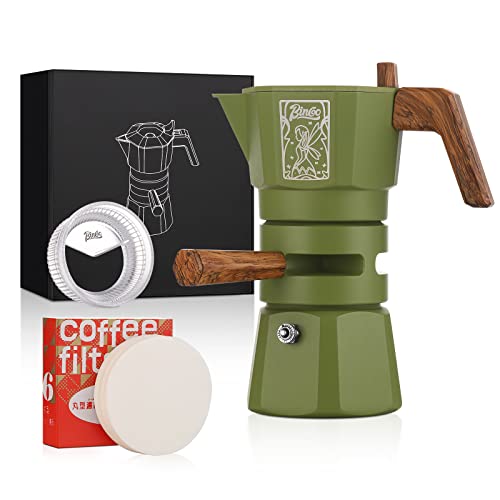 Bincoo 120ML Stovetop Espresso Maker Double Valve Moka Pot with Thermostat Extractor Prevent over-extraction,Italian Espresso Moka Pot with Powder Dispenser and Filter Paper for Home(Green)