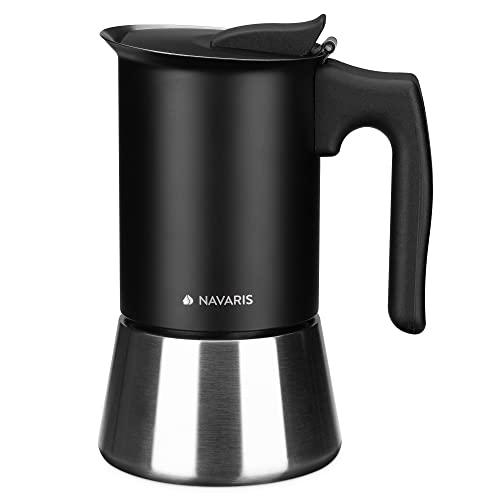 Navaris Moka Coffee Pot – Percolator Espresso Maker for Stovetops Induction Gas Electric Stove Hob – Stainless Steel Percolated Coffee Pot – 6.8 fl oz