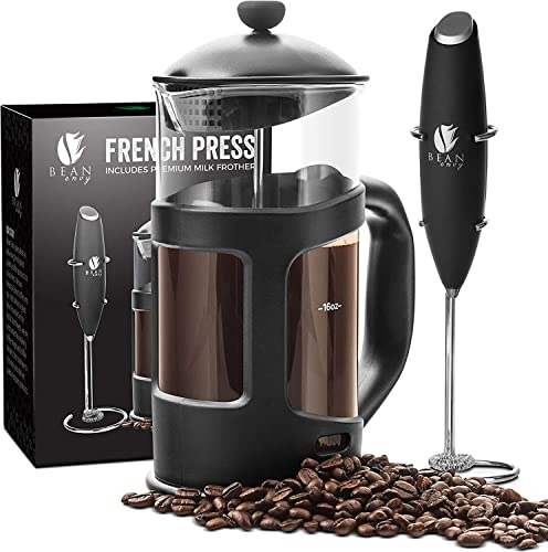 Bean Envy French Press Coffee Maker and Milk Frother Set – 34 oz Glass Carafe Coffee Press & Drink Mixer Duo w/ Stainless Steel Stand