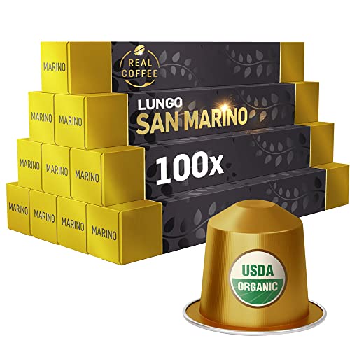 ‘San Marino’ Organic Italian Lungo for Nespresso | 100 USDA Organic Aluminum Capsules | Eco-Friendly Medium Roast | 100% Nespresso Compatible Pods | Fairtrade